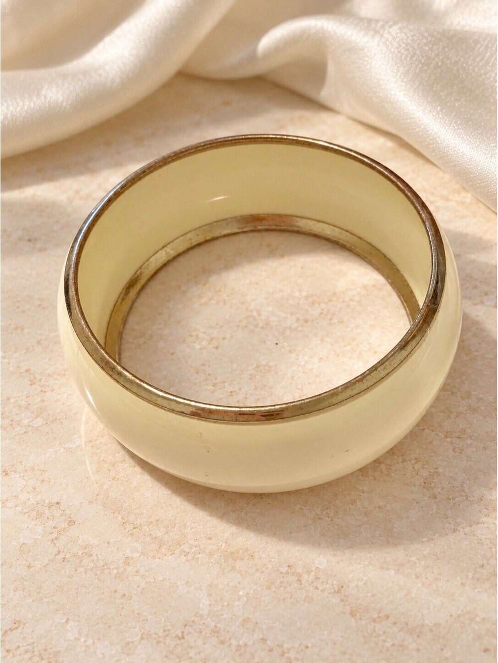 Wide Ivory Cream Bangle Bracelet with Gold Tone Trim